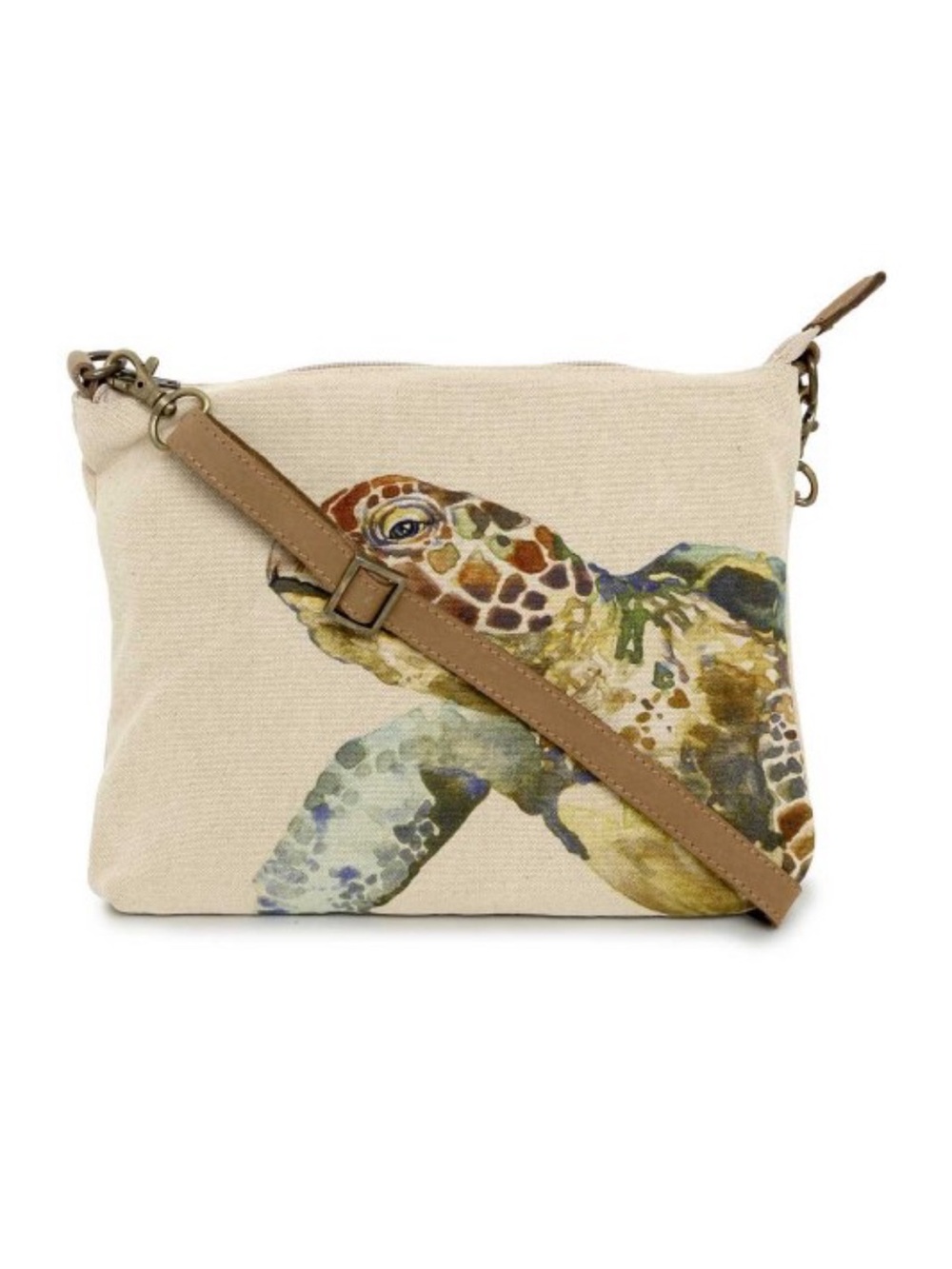 Canvas Sea Turtle Crossbody Bag in Beige with Tan Strap